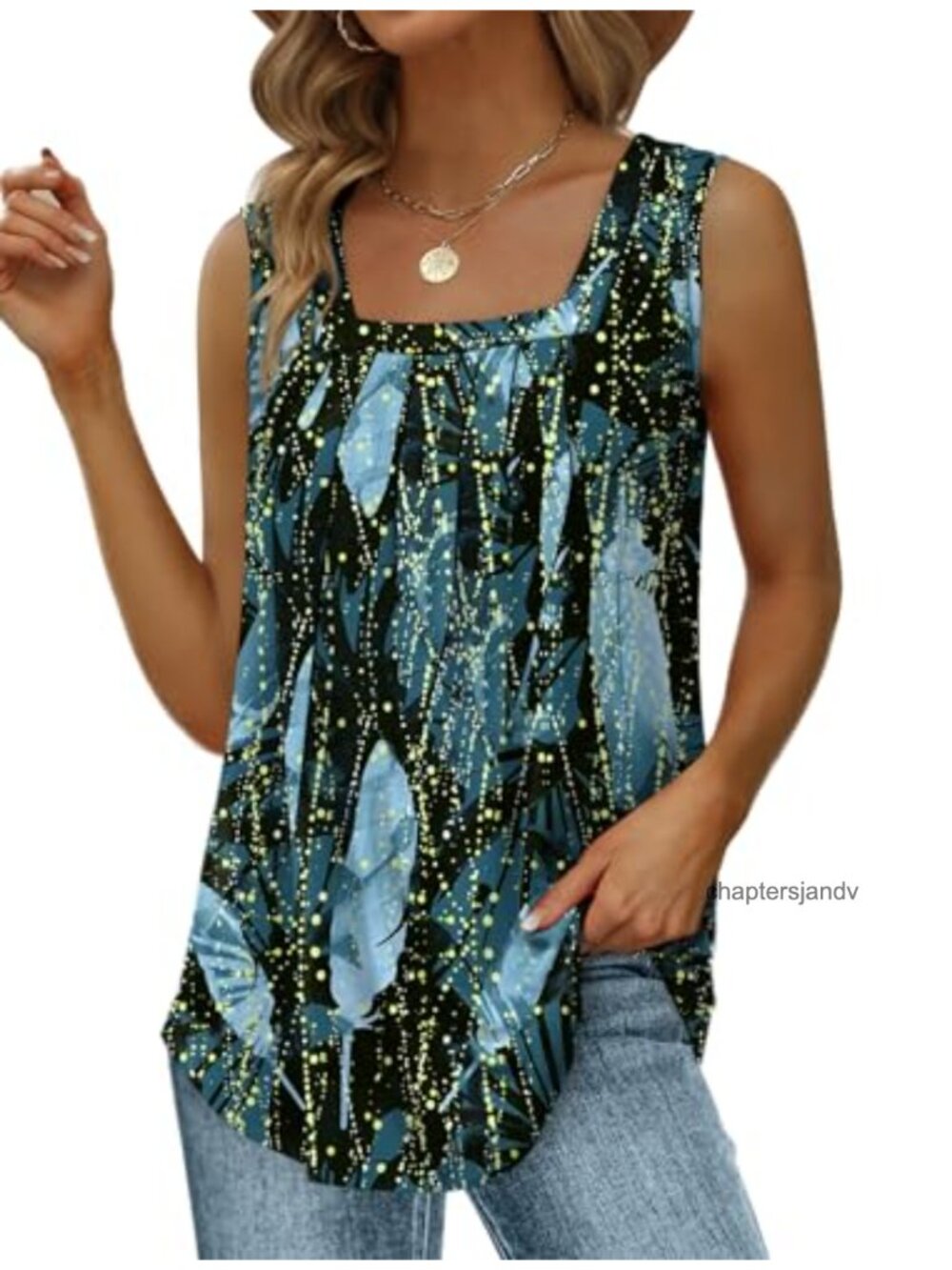 Square Neck Sleeveless Tank Top Women Loose Fit Pleated Curved Hem Flowy Summer